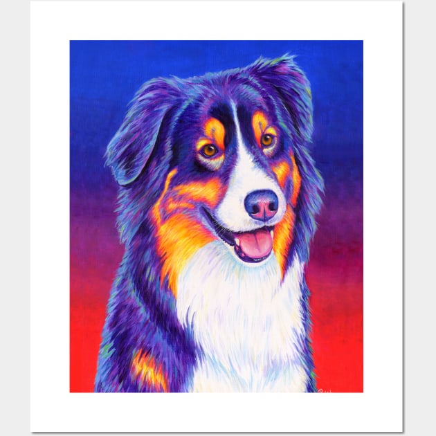 Colorful Tricolor Australian Shepherd Dog Wall Art by rebeccawangart